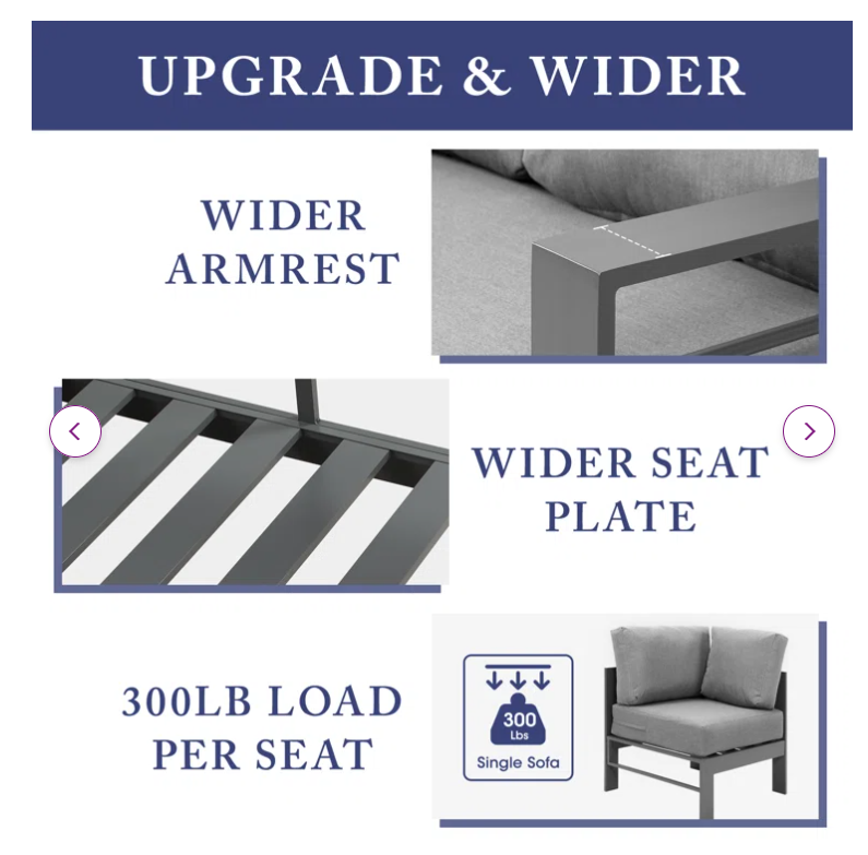 3-Pieces Outdoor All-Weather Conversation Set , Sectional Sofa, Corner Sofas, Grey Aluminum with Dark Grey Cushions