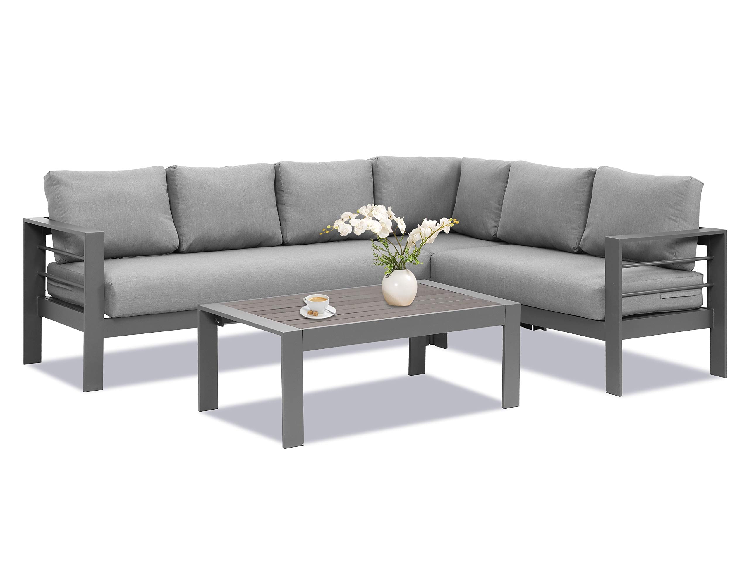 3-Pieces Outdoor All-Weather Conversation Set , Sectional Sofa, Corner Sofas, Grey Aluminum with Dark Grey Cushions