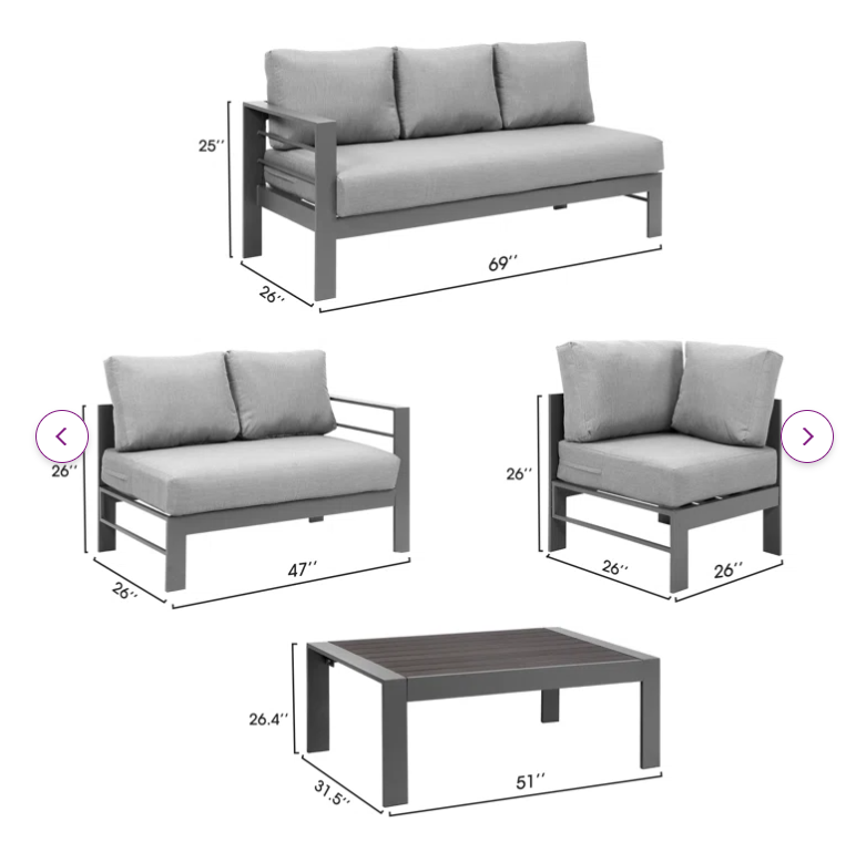 3-Pieces Outdoor All-Weather Conversation Set , Sectional Sofa, Corner Sofas, Grey Aluminum with Dark Grey Cushions